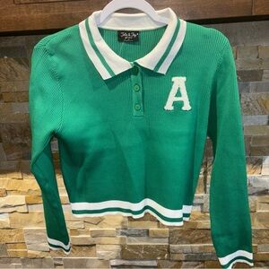 JOLIE & Joy  GREEN XL  JR. MONOGRAM A RIBBED CROPPED PREPPY PULLOVER